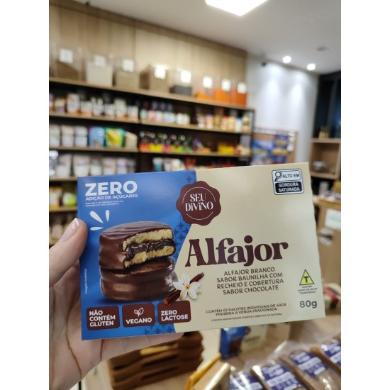 ALFAJOR BRANCO SABOR BAUNILHA COM RECHEIO E COBERTURA SABOR CHOCOLATE ZERO AÇÚCARES CAIXA 80g